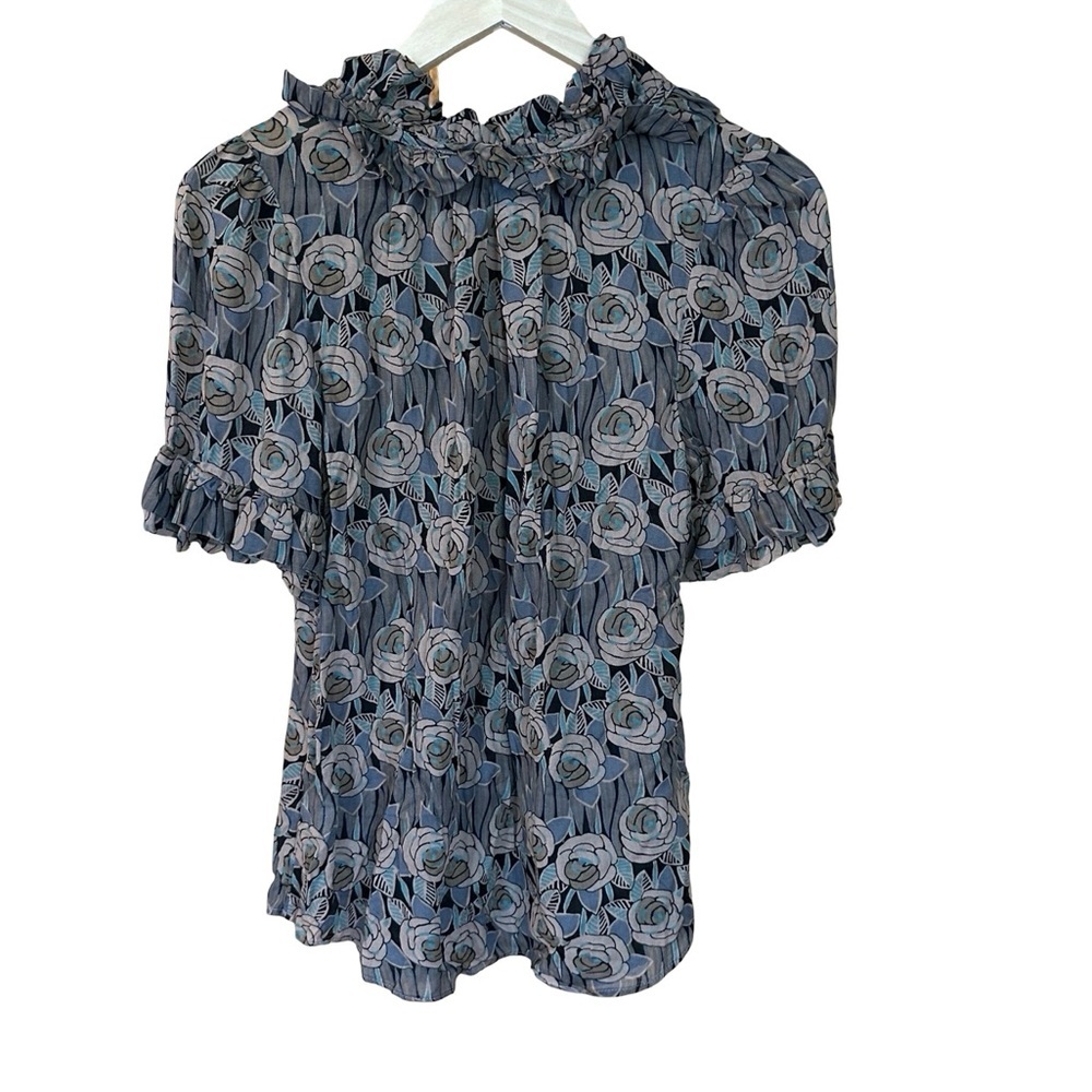 Anthropologie Odille Floral Short Sleeve Ruffle Blouse Sz 4 - Picture 6 of 9